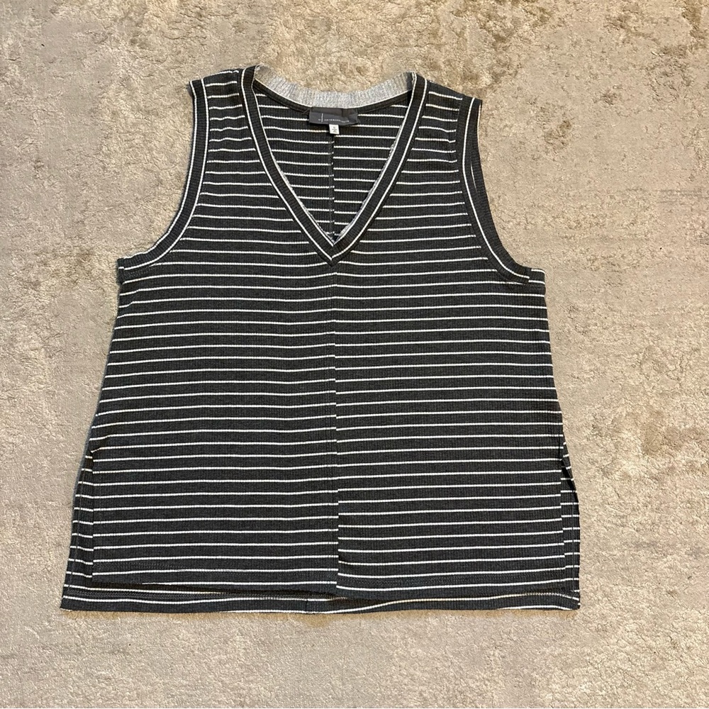 By Anthropologie Gray & White Striped Ribbed V Neck Tank Top Size Small - Picture 2 of 8